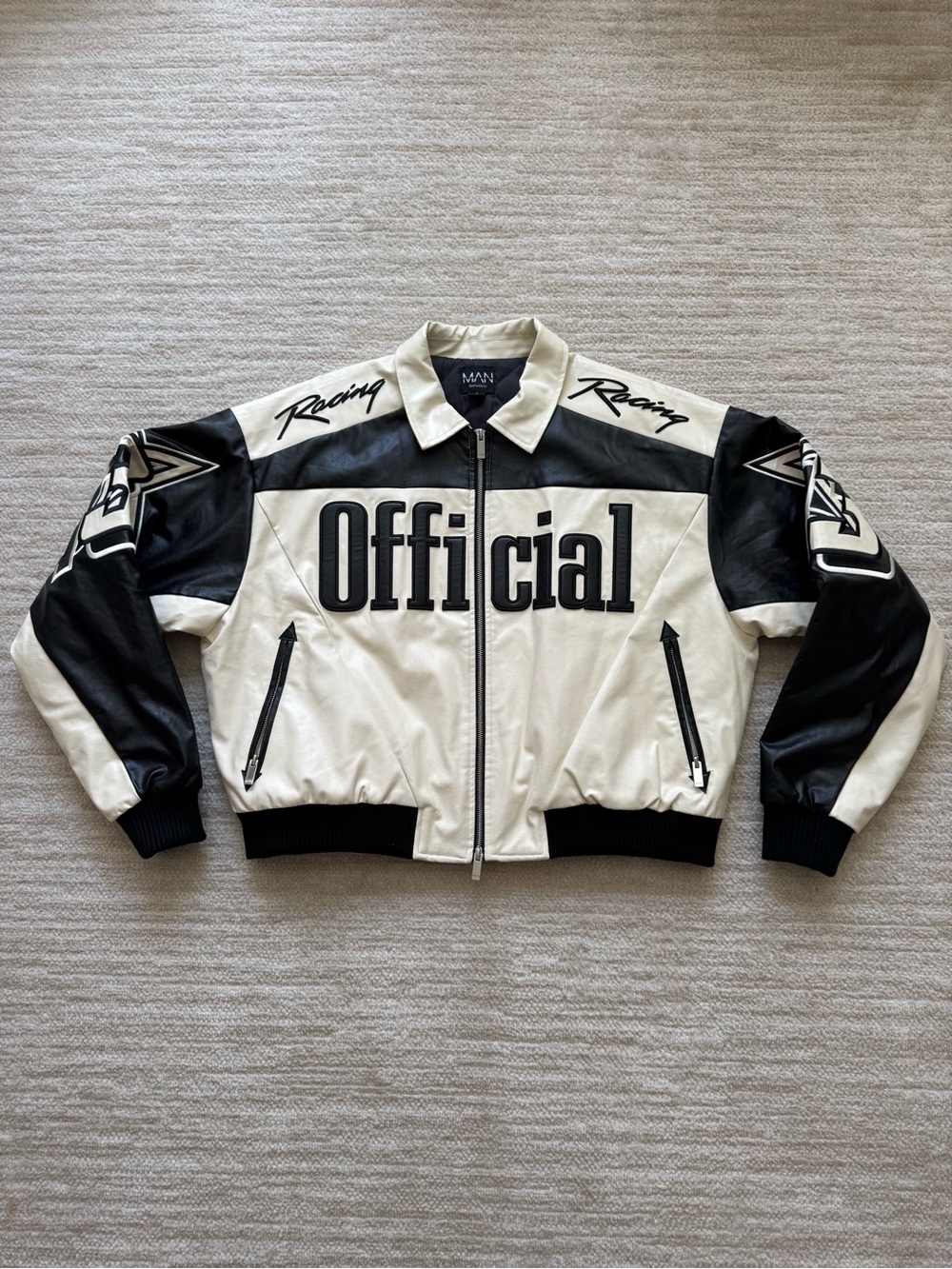 Official Racing Black & White Leather Bomber Jacket